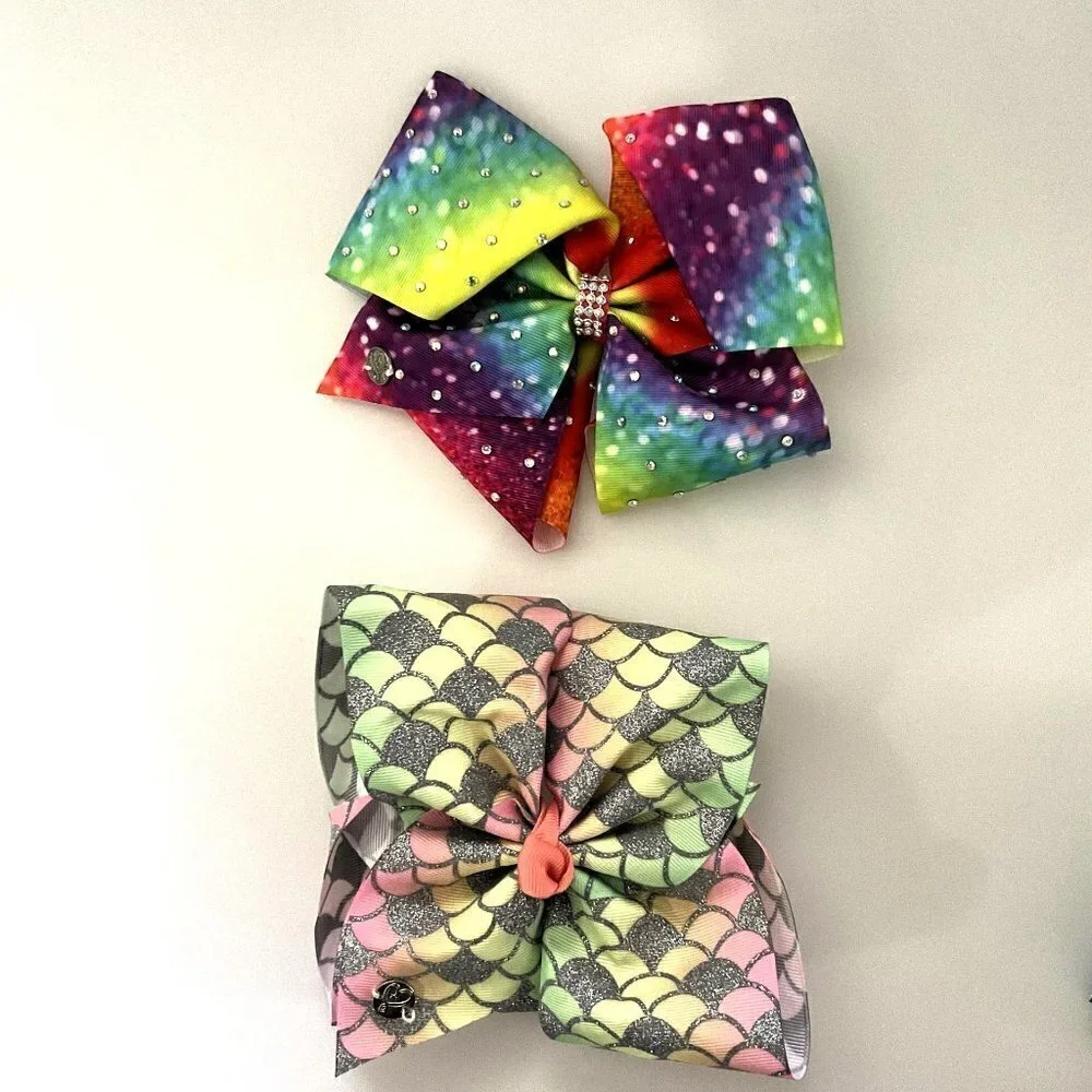 JOJO SIWA HAIR BOW SET, RAINBOW WITH RHINESTONES AND MERMAID PRINT 2 BOWS